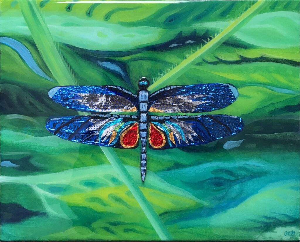 Dragonfly, Dragonfly. This is a mixed media painting comprised of upcycled single-use packaging